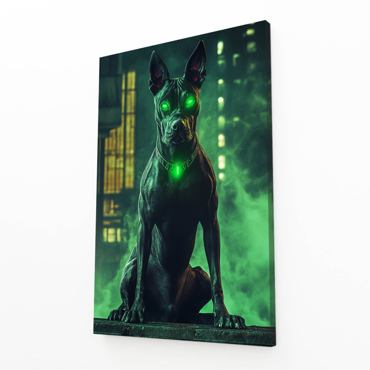 Ghost Dog Art — cyberpunk canvas print in green tones, angled canvas view on white background