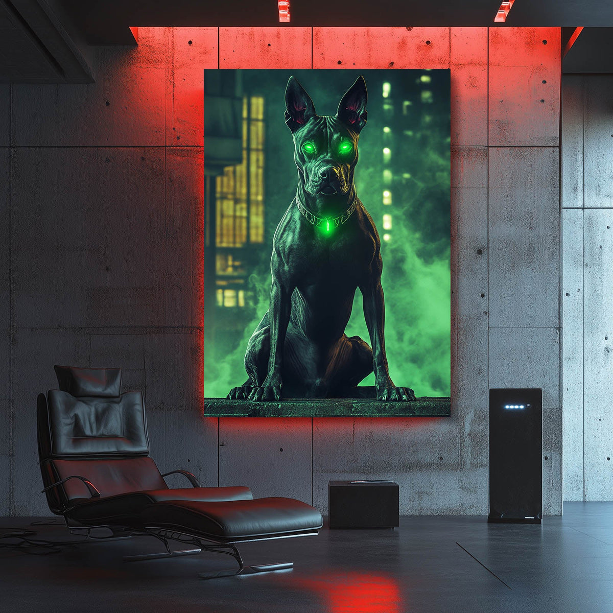 Ghost Dog Art — cyberpunk canvas print in green tones, styled in a furnished interior