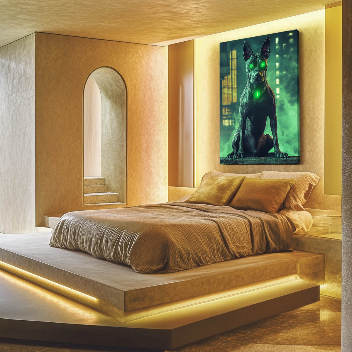 Ghost Dog Art — cyberpunk canvas print in green tones, styled in a furnished interior