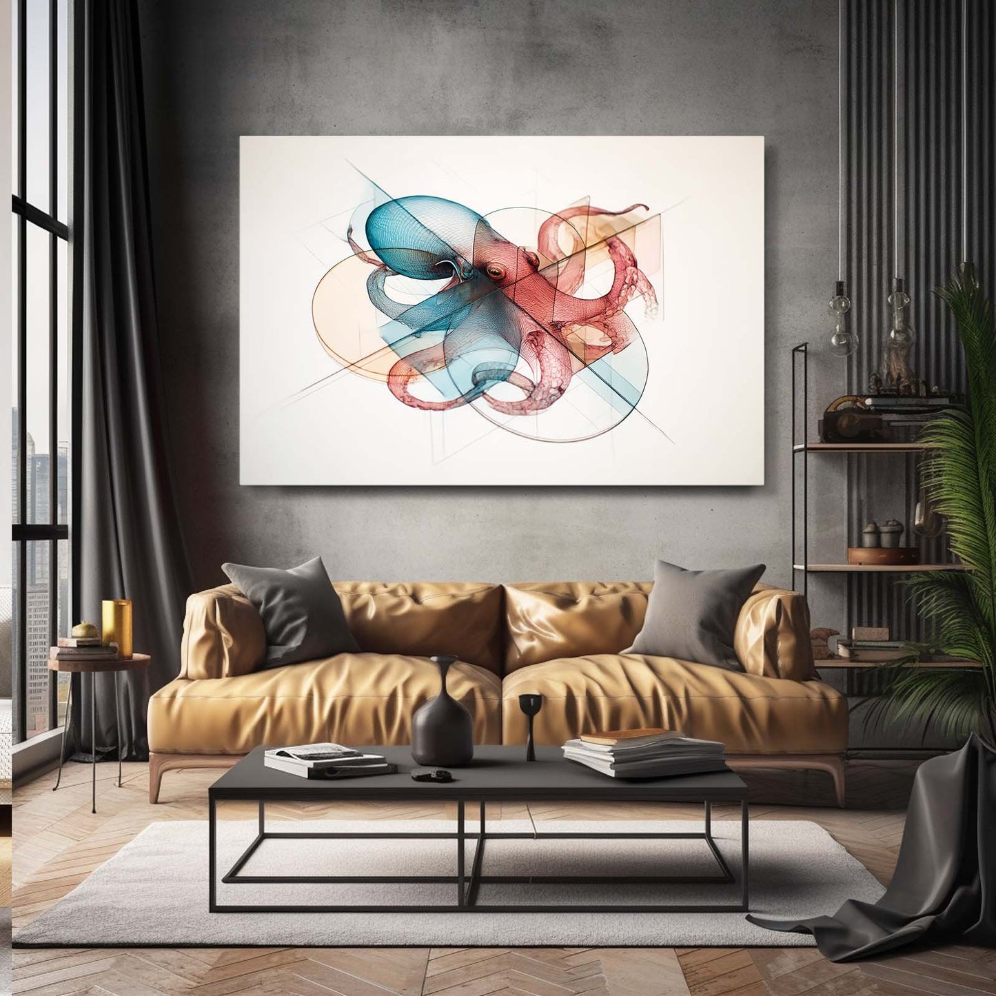 Ghost Line Overlay Octopus Wall Decor – styled in a furnished interior