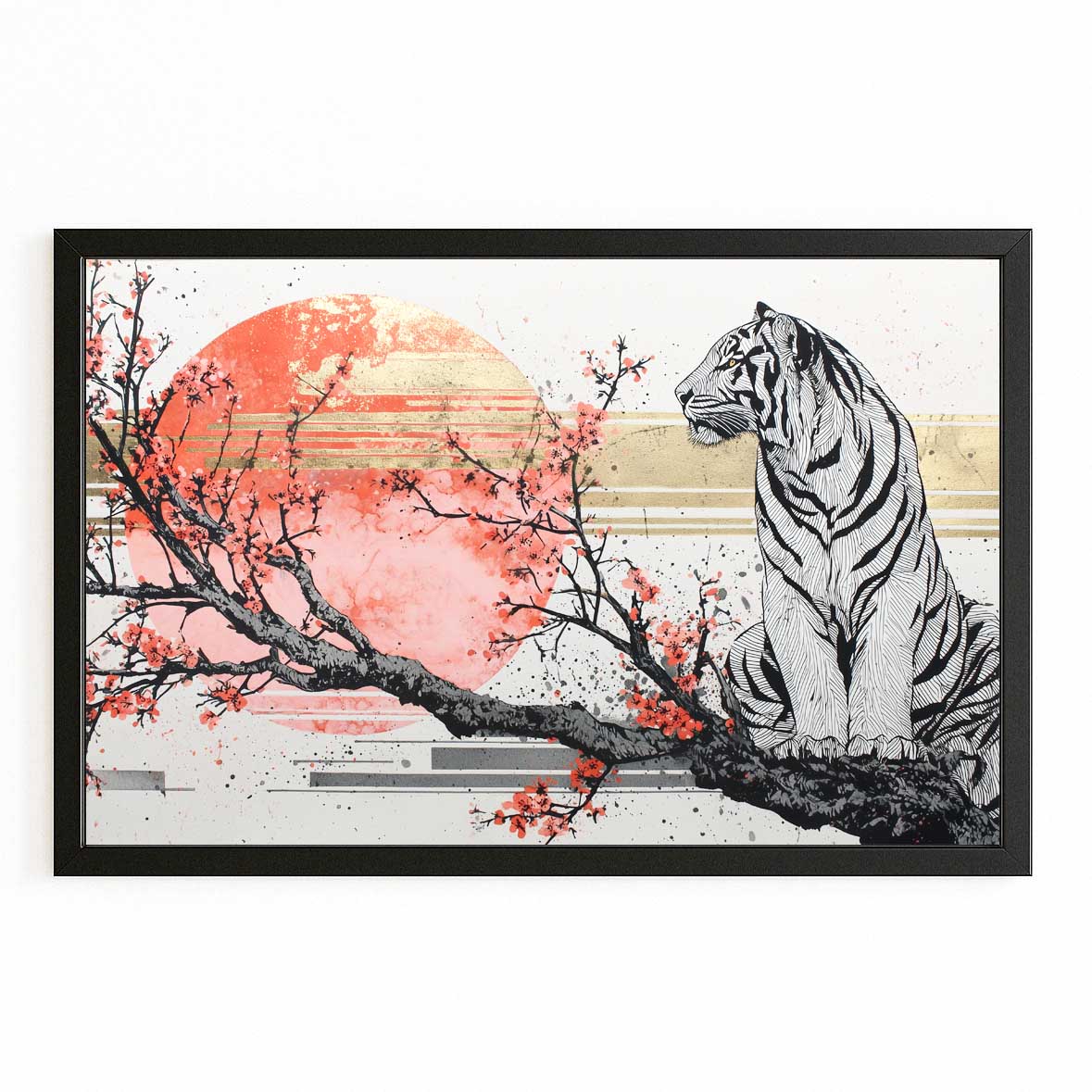Ghost Tiger Branch Cherry Blossom Canvas – with Premium Black frame on white background