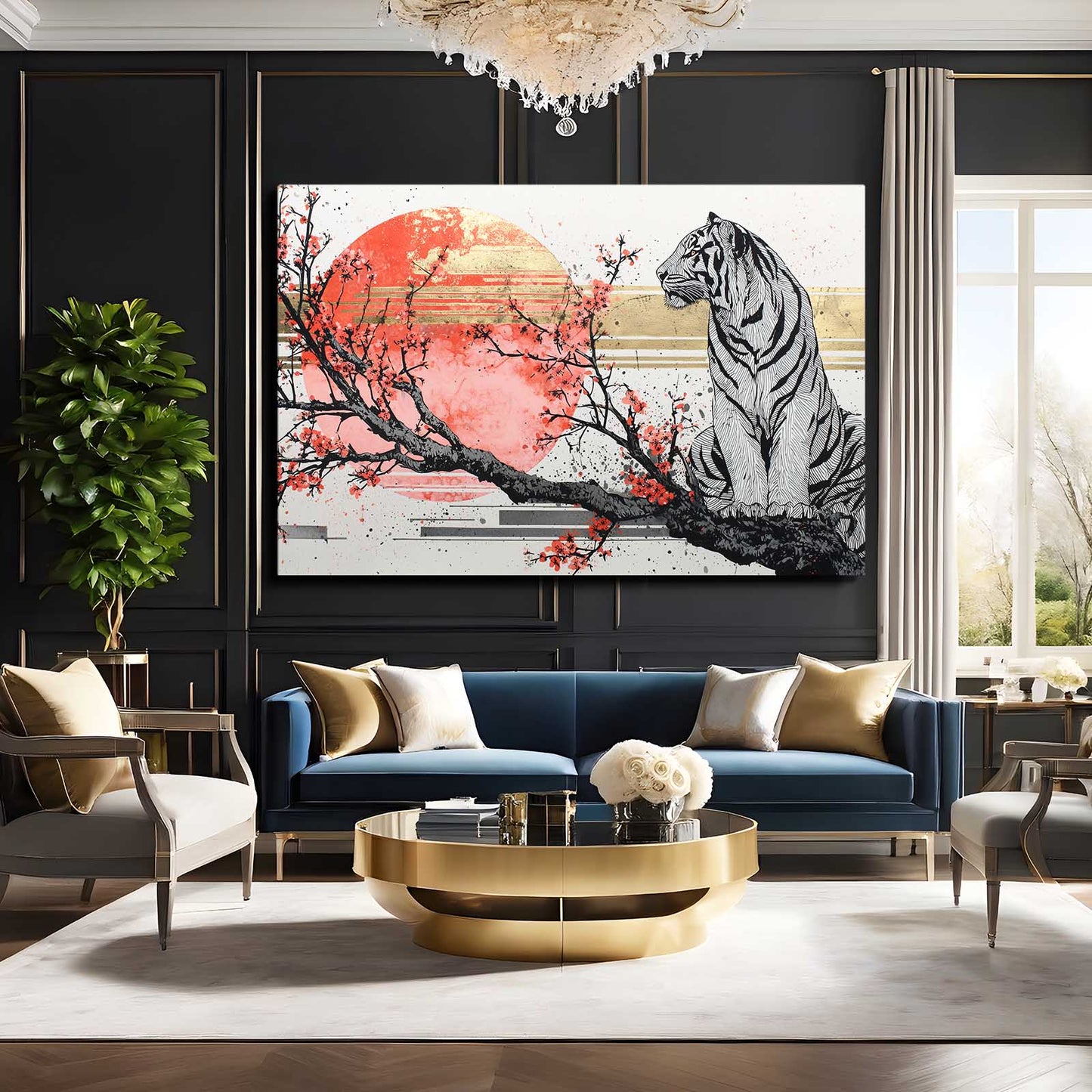 Ghost Tiger Branch Cherry Blossom Canvas – styled in a furnished interior