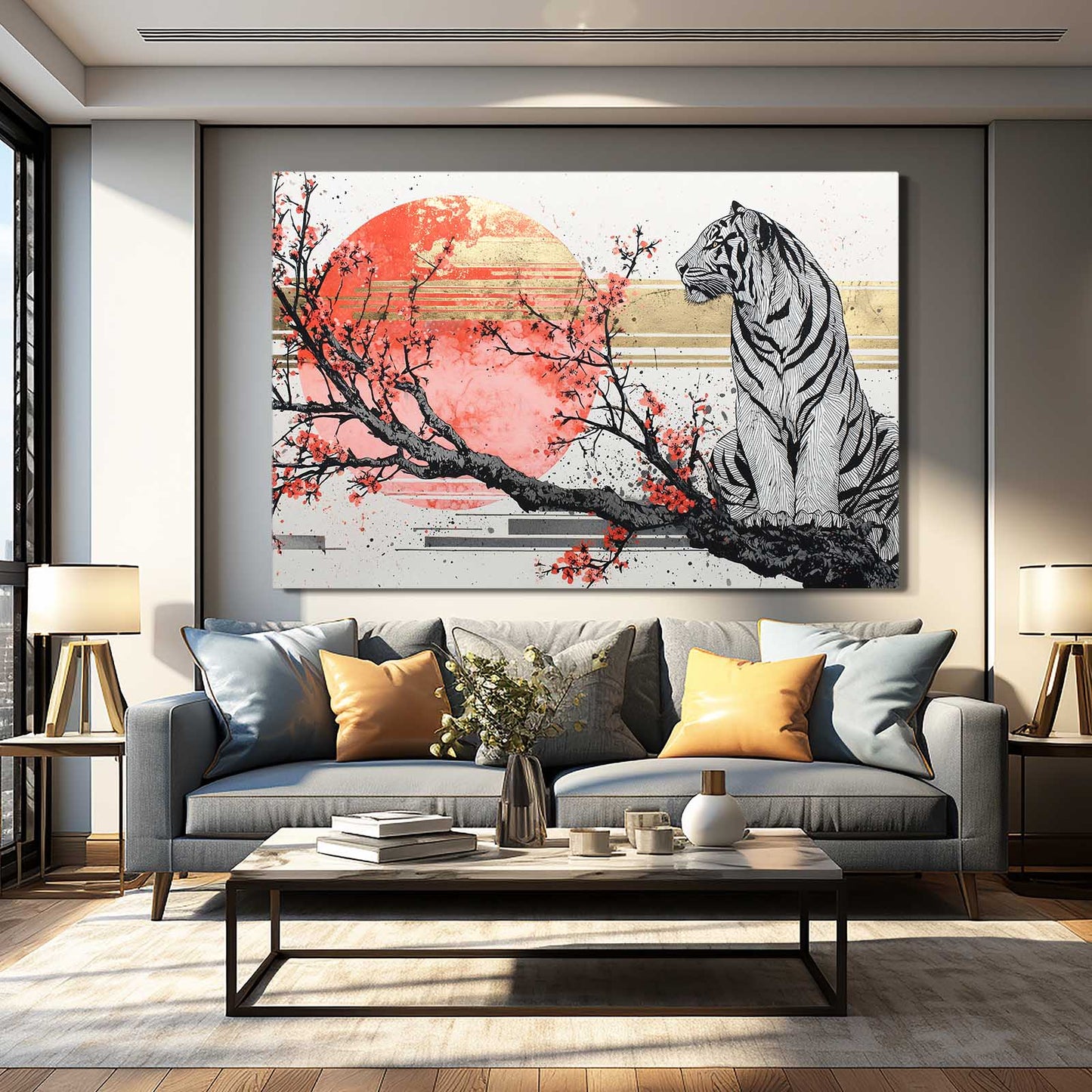 Ghost Tiger Branch Cherry Blossom Canvas – styled in a furnished interior