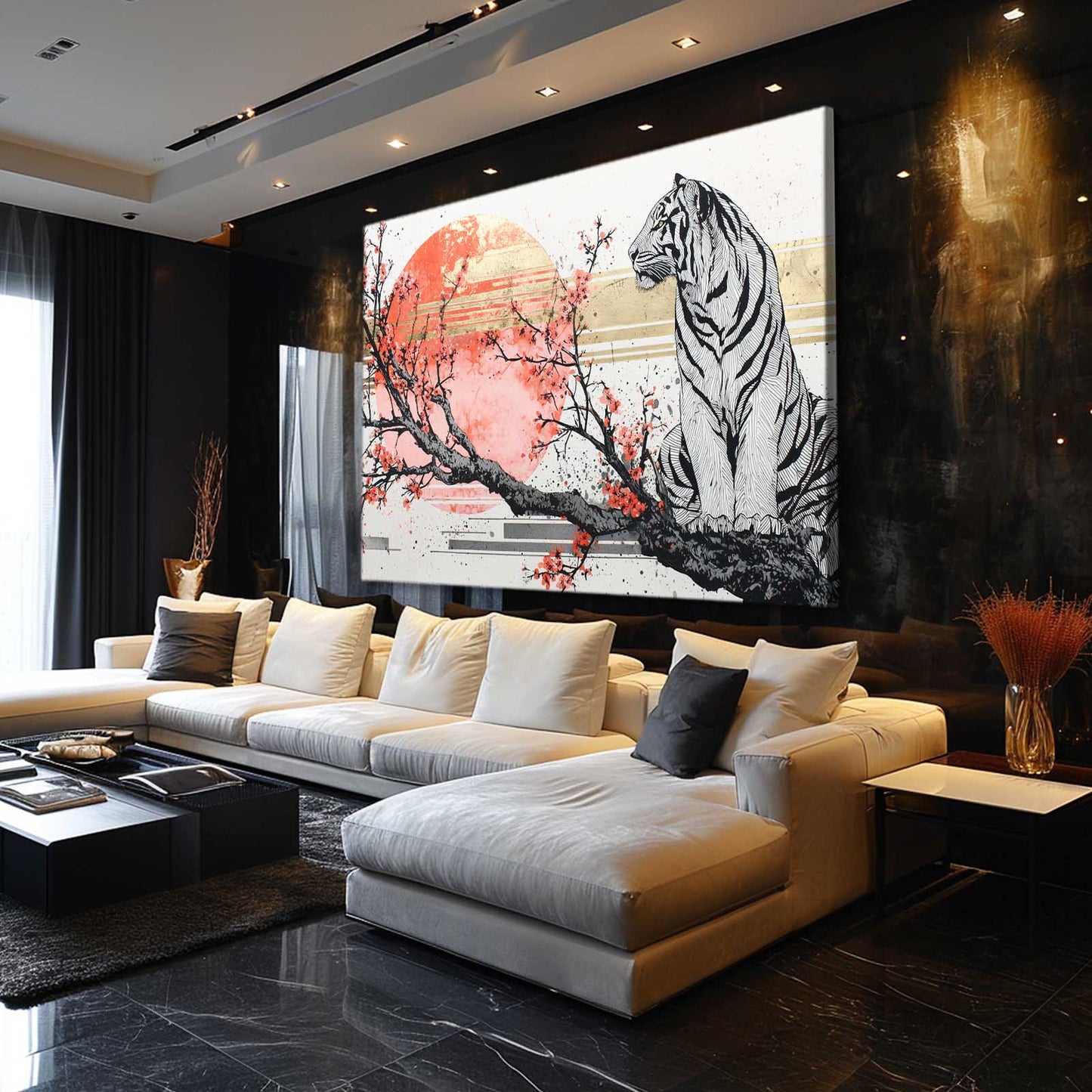 Ghost Tiger Branch Cherry Blossom Canvas – styled in a furnished interior