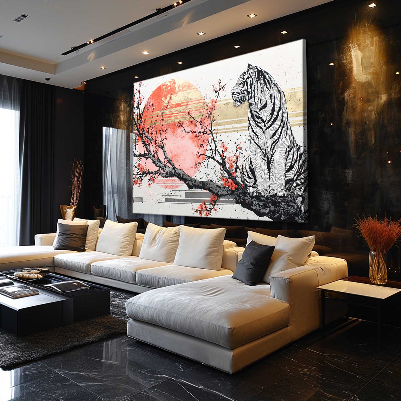 Ghost Tiger Branch Cherry Blossom Canvas – styled in a furnished interior