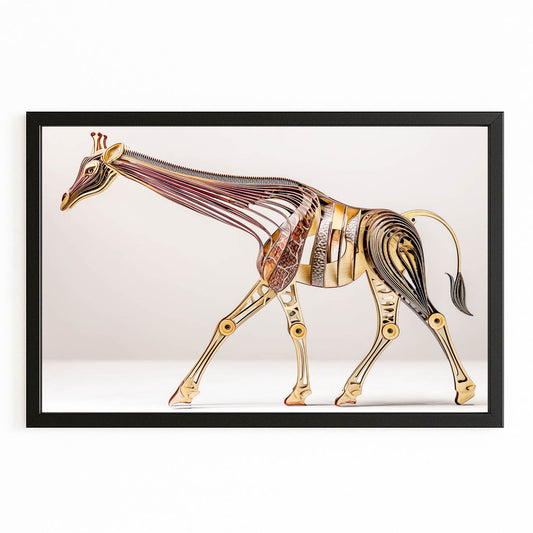 Framed artwork of a giraffe with metallic, mechanical design on a white background