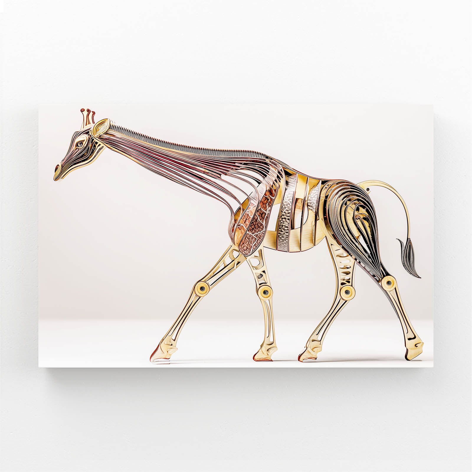 Metallic giraffe sculpture on a white background