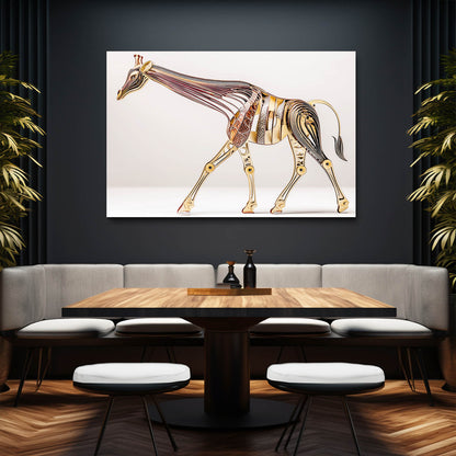 Dining room with a modern abstract giraffe artwork on the wall.