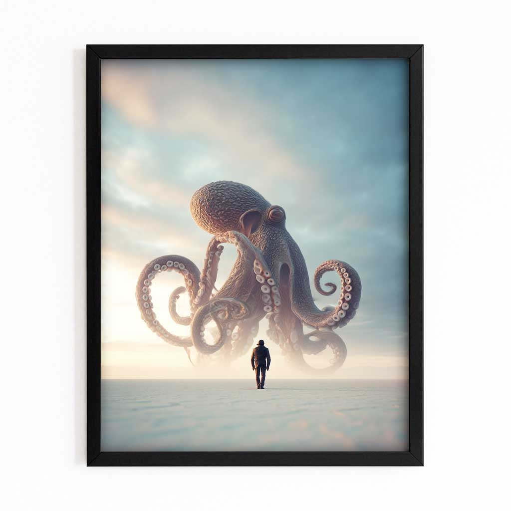 Giant In Fog Octopus Canvas Art – with Premium Black frame on white background