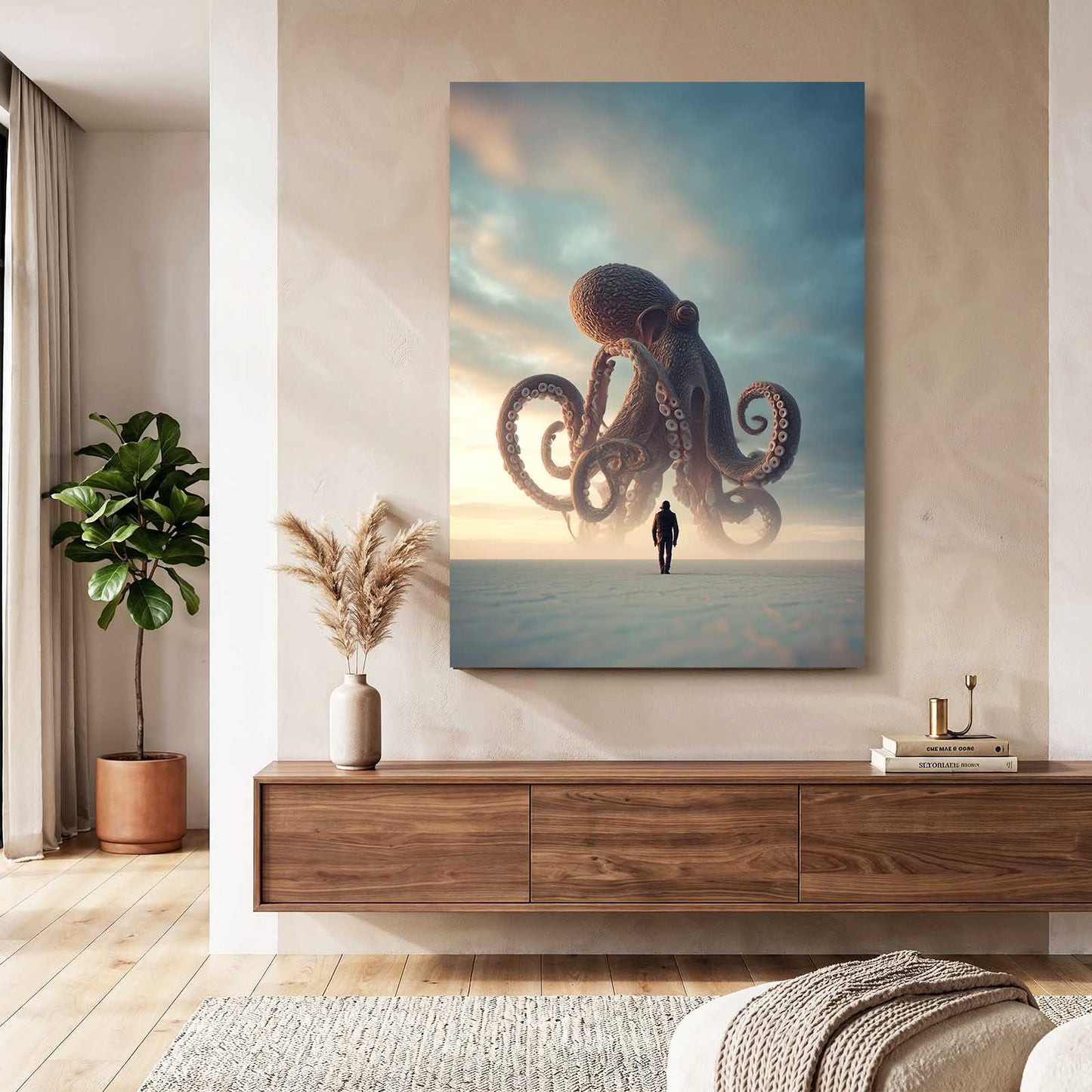 Giant In Fog Octopus Canvas Art – styled in a furnished interior