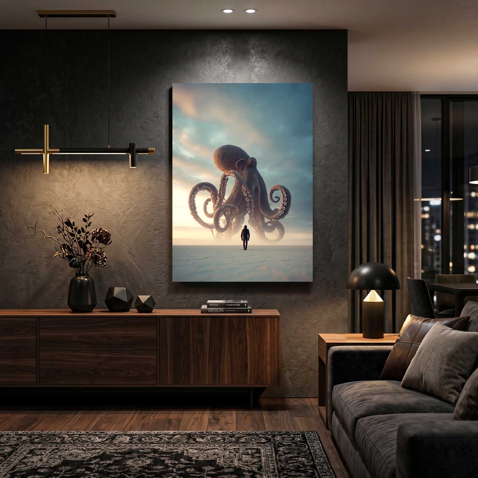 Giant In Fog Octopus Canvas Art – styled in a furnished interior