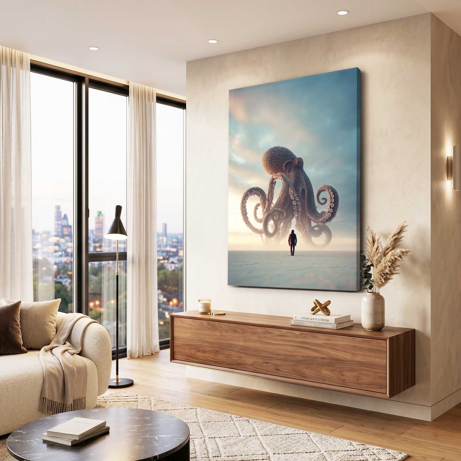 Giant In Fog Octopus Canvas Art – styled in a furnished interior