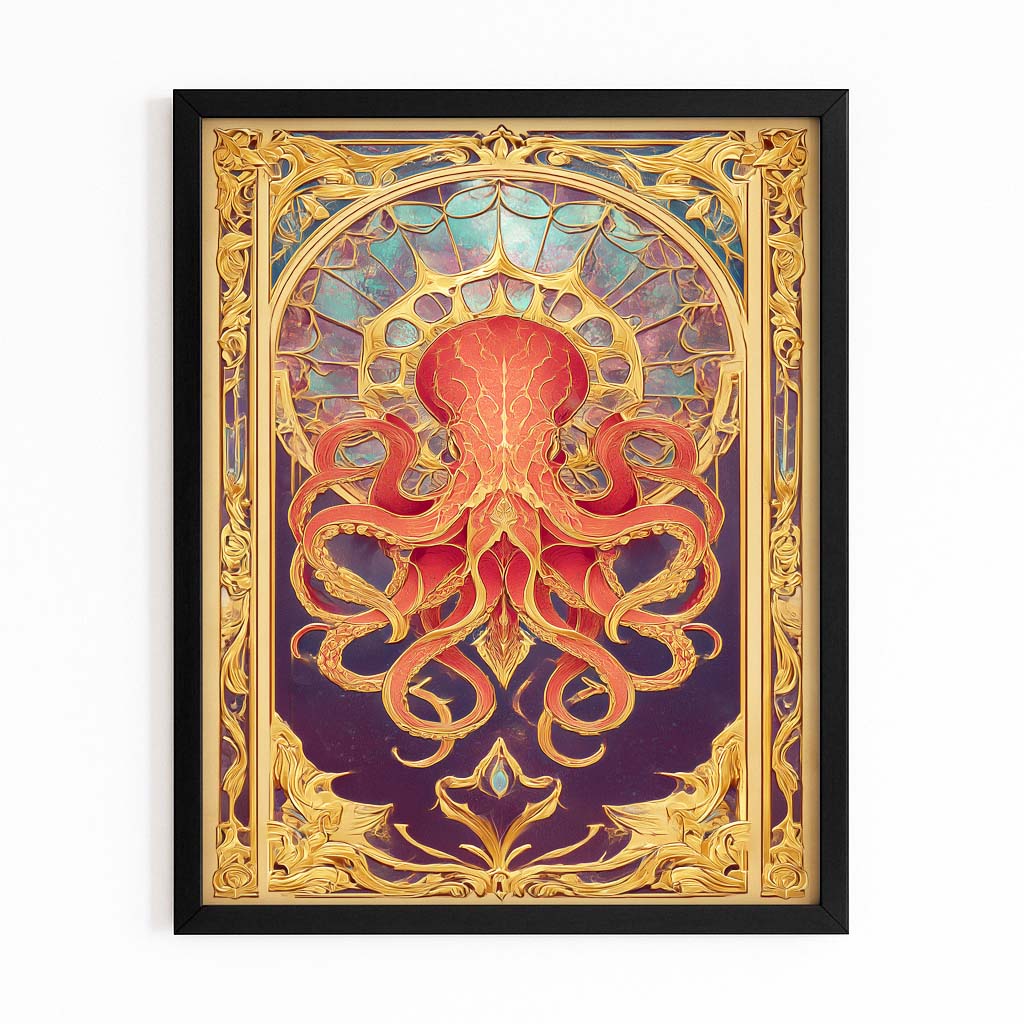 Gilded Arch Panel Octopus Art – with Premium Black frame on white background