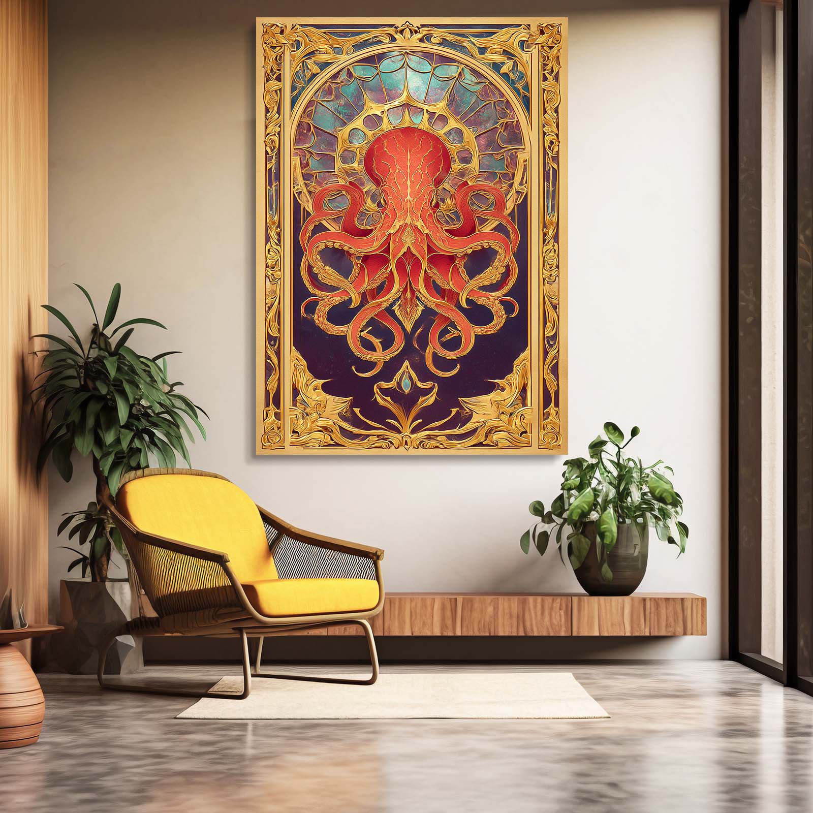 Gilded Arch Panel Octopus Art – styled in a furnished interior