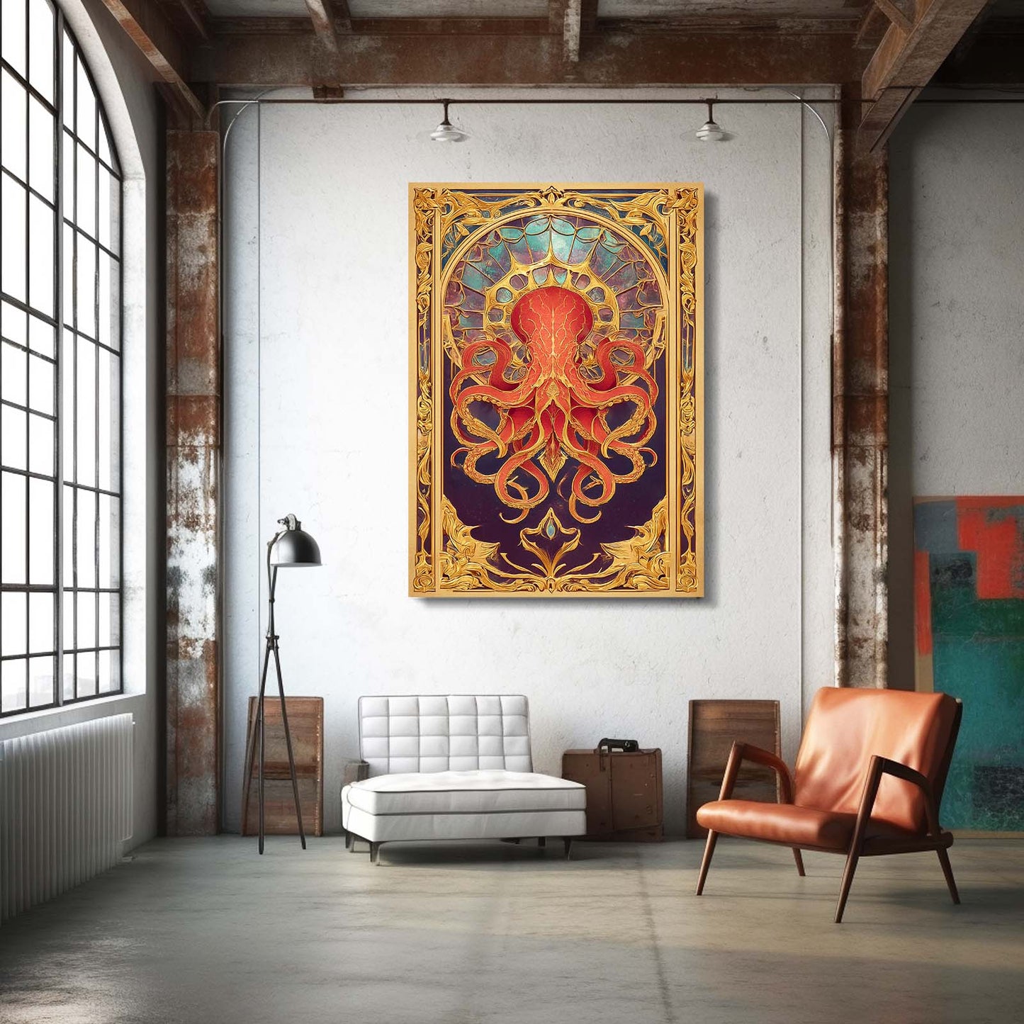 Gilded Arch Panel Octopus Art – styled in a furnished interior