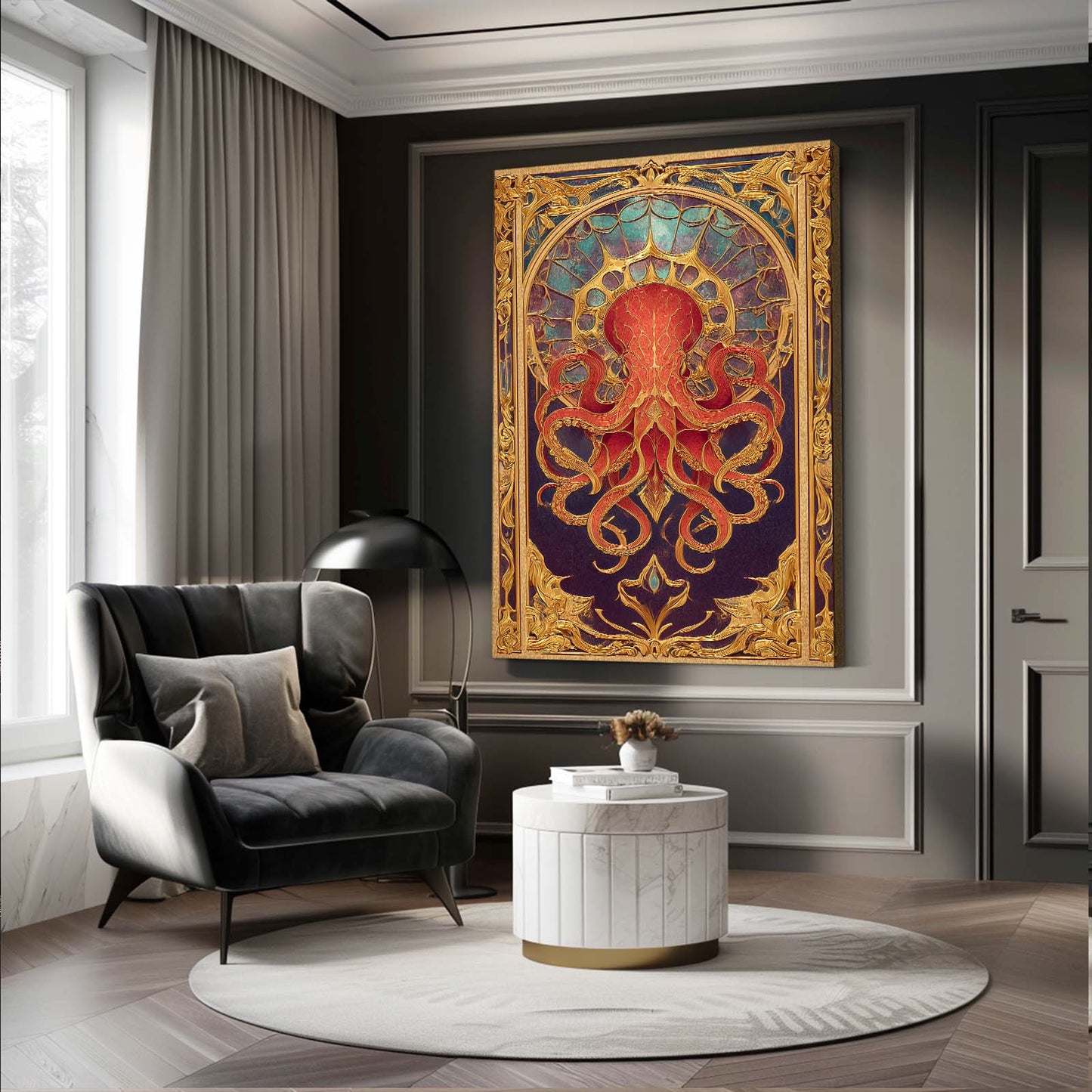 Gilded Arch Panel Octopus Art – styled in a furnished interior