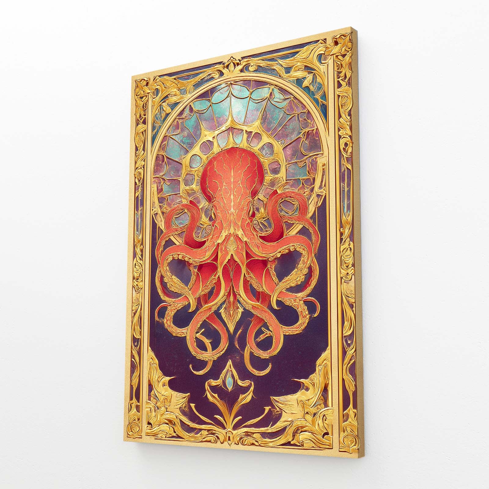 Gilded Arch Panel Octopus Art – angled canvas view on white background