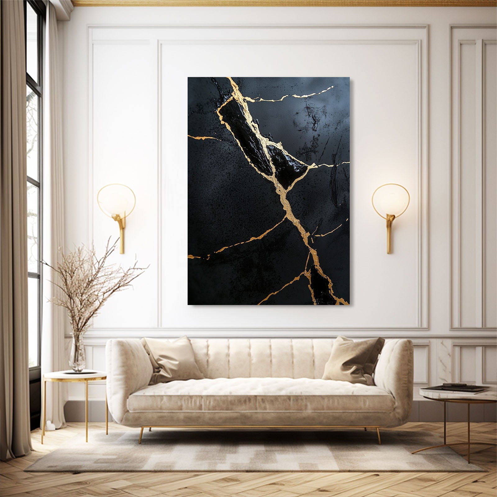 Gilded Black Stone Abstract Wall Art – styled in a furnished interior