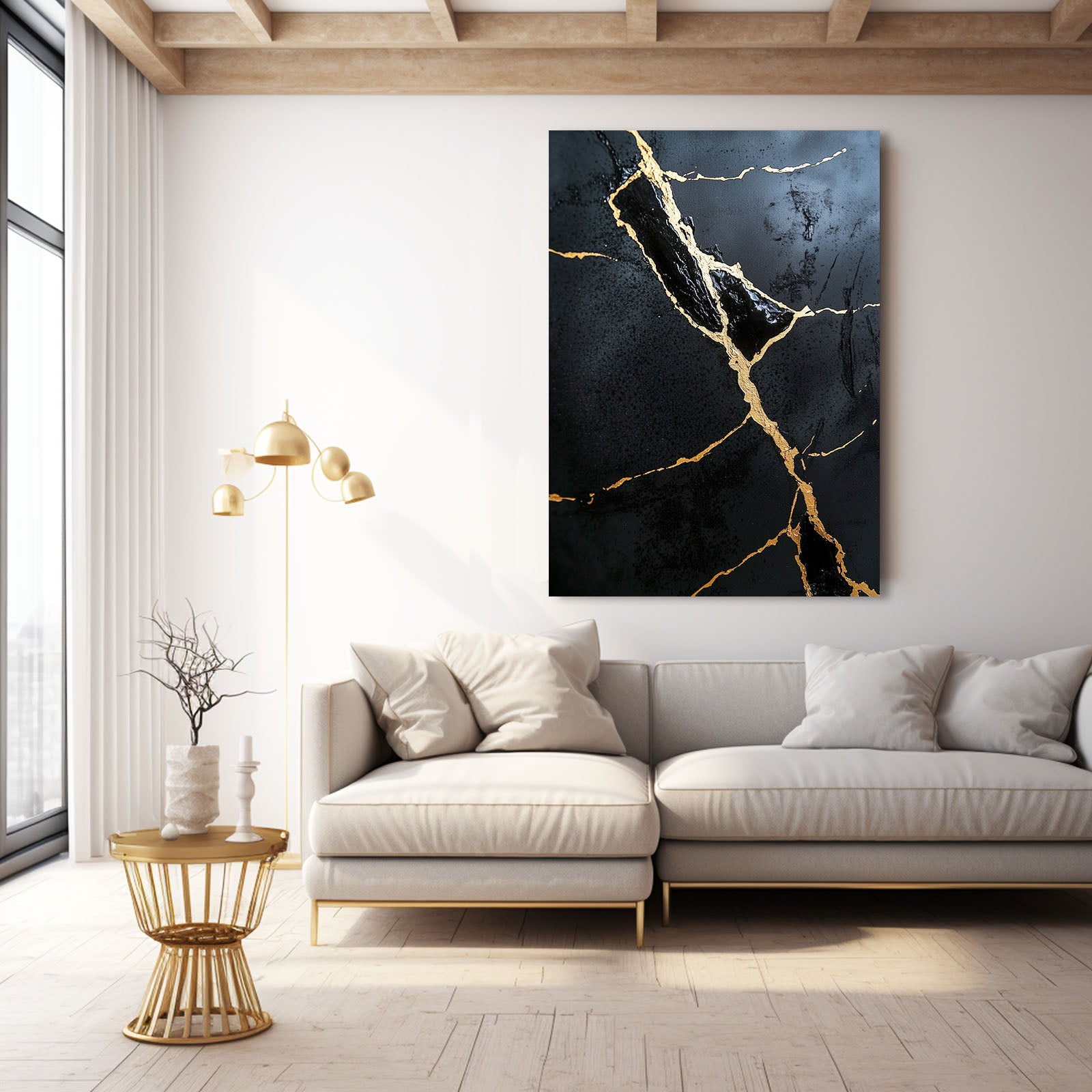 Gilded Black Stone Abstract Wall Art – styled in a furnished interior
