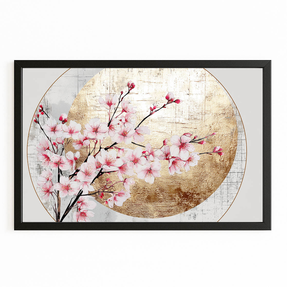 Gilded Circle Branch Cherry Blossom Art – with Premium Black frame on white background
