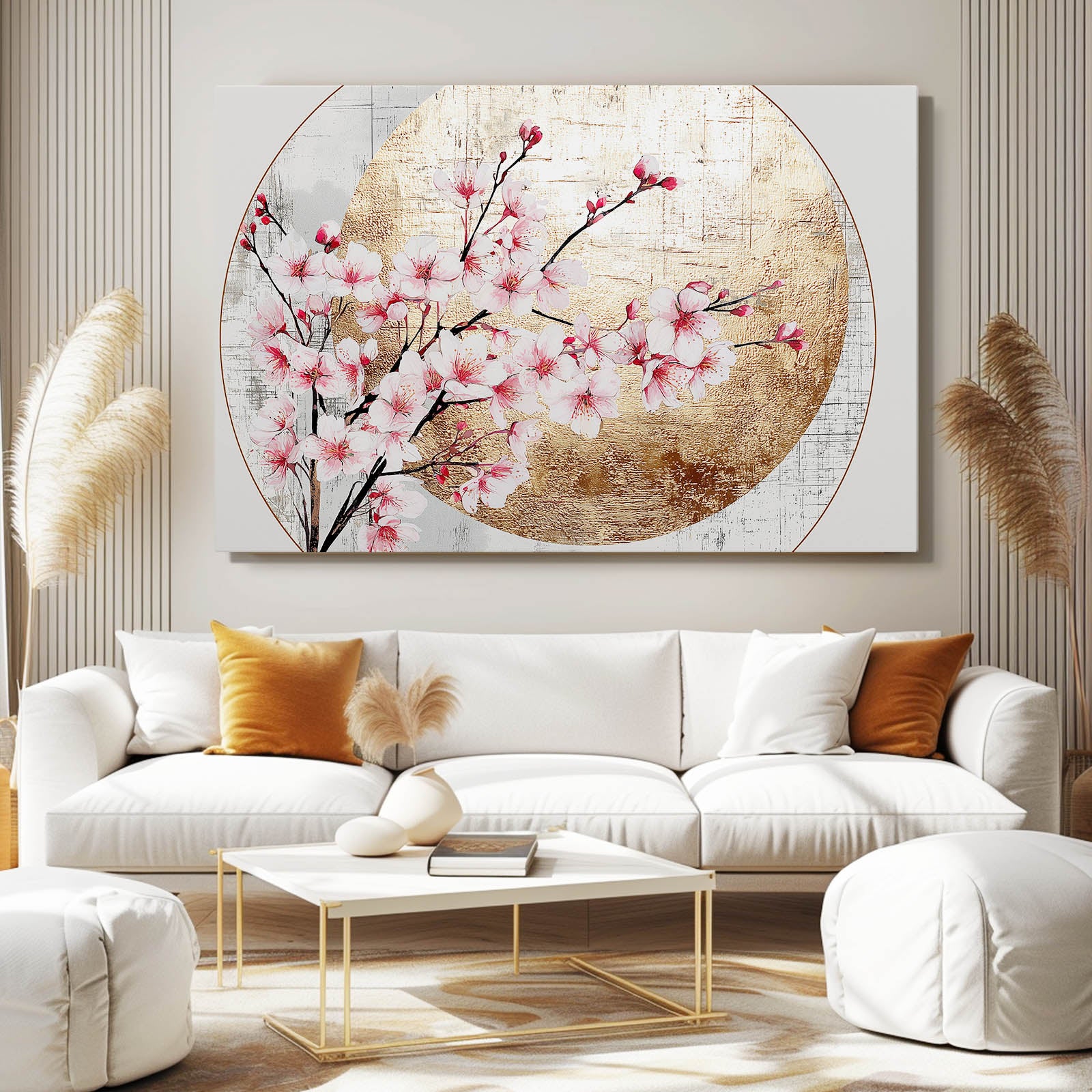 Gilded Circle Branch Cherry Blossom Art – styled in a furnished interior