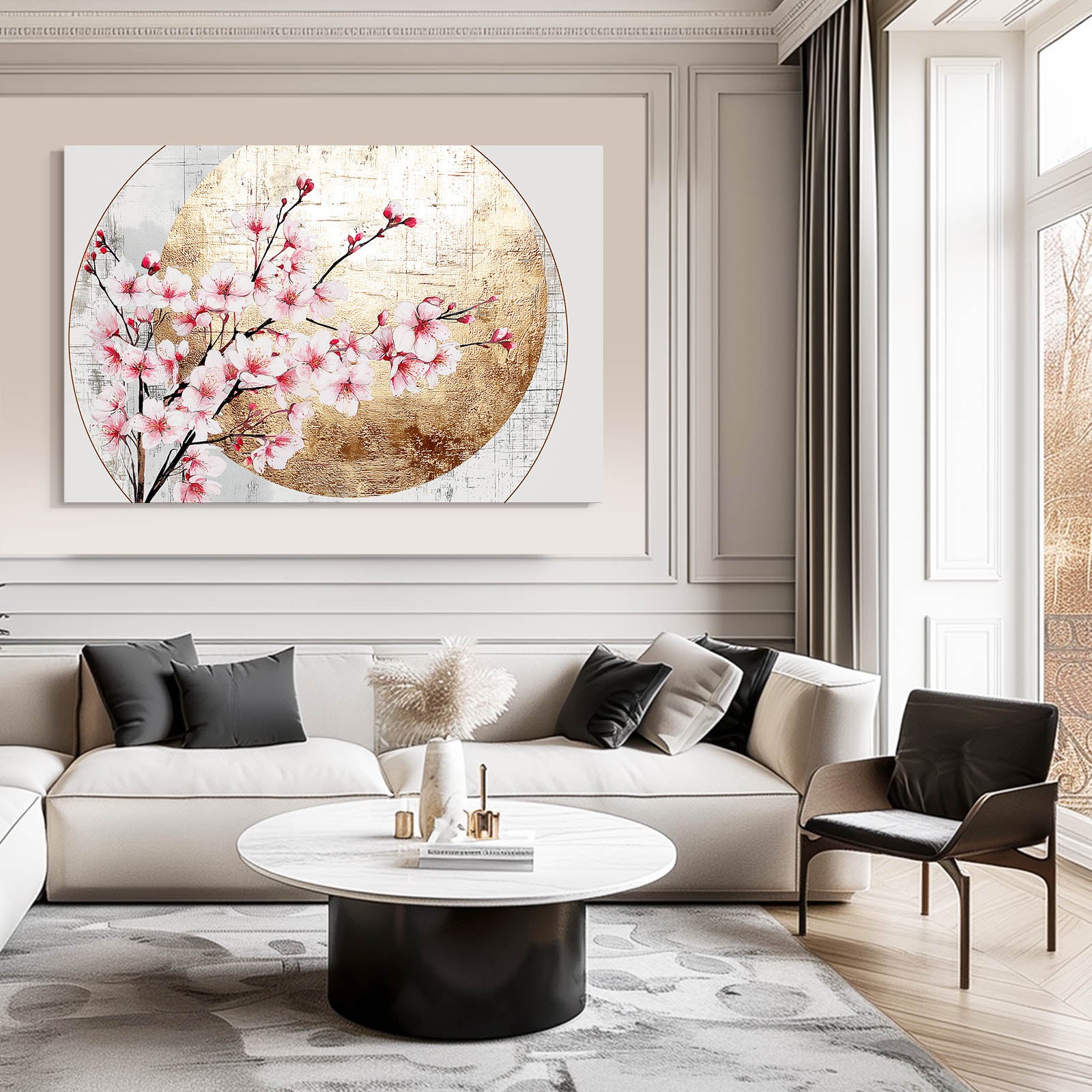 Gilded Circle Branch Cherry Blossom Art – styled in a furnished interior