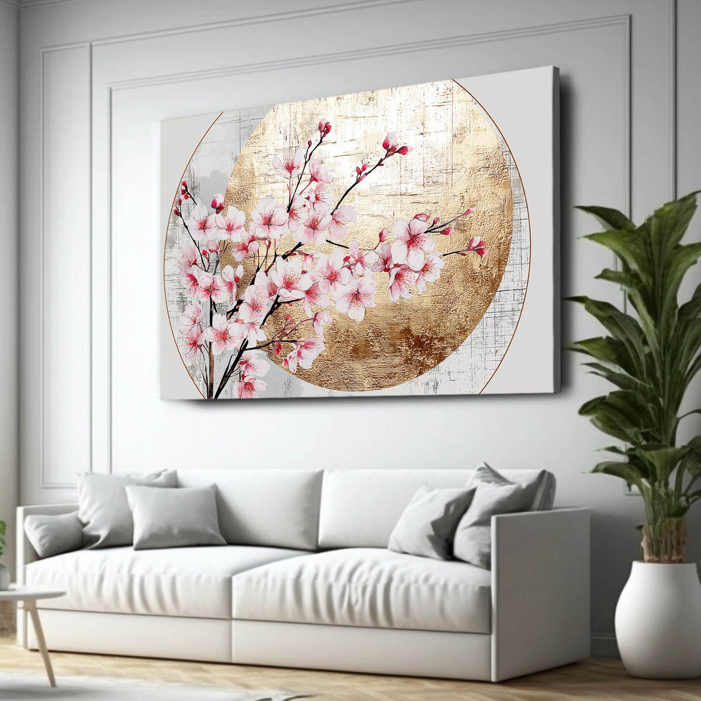 Gilded Circle Branch Cherry Blossom Art – styled in a furnished interior
