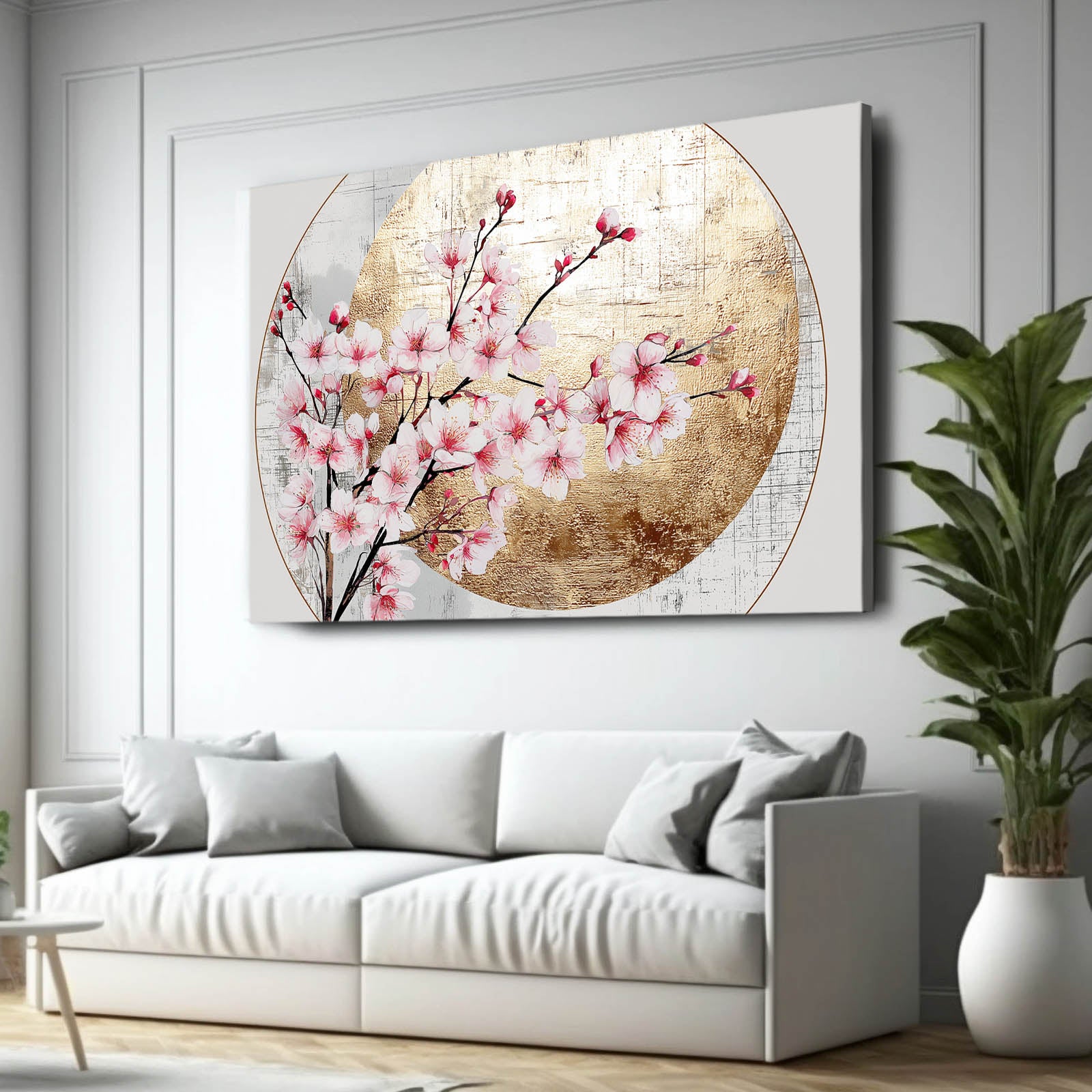 Gilded Circle Branch Cherry Blossom Art – styled in a furnished interior