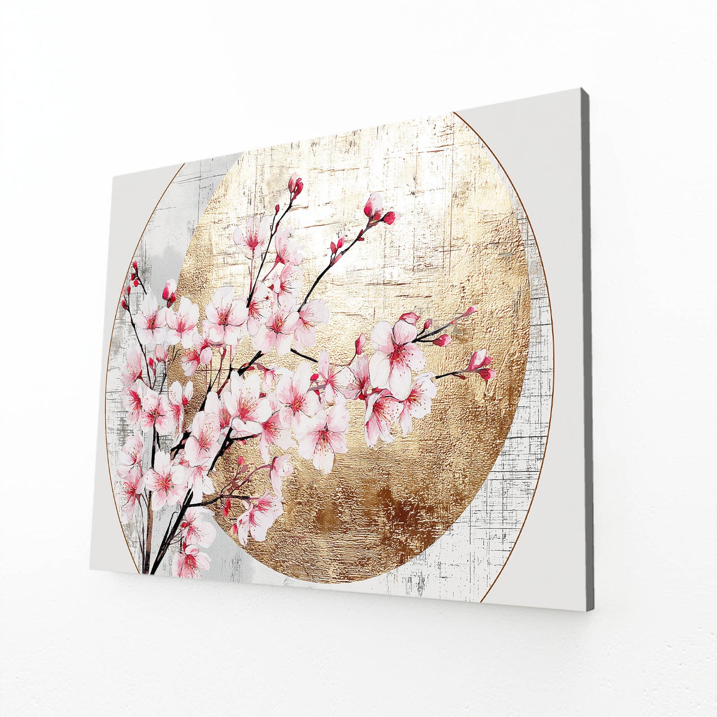 Gilded Circle Branch Cherry Blossom Art – angled canvas view on white background
