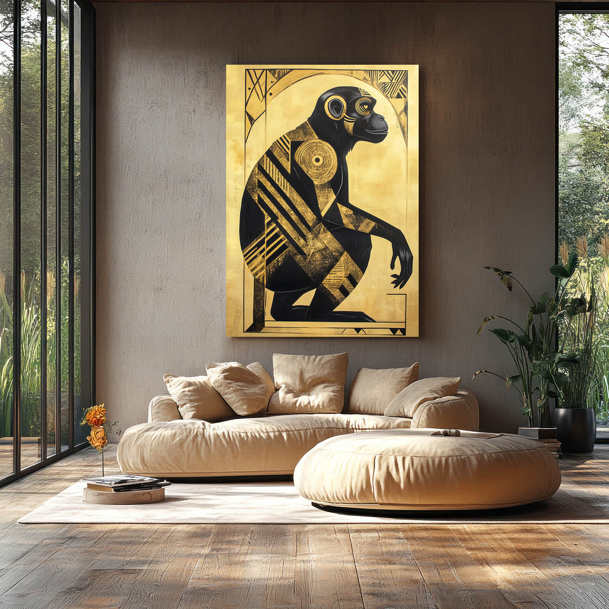 Gilded Deco Panel Monkey Canvas — vintage canvas print, styled in a furnished interior