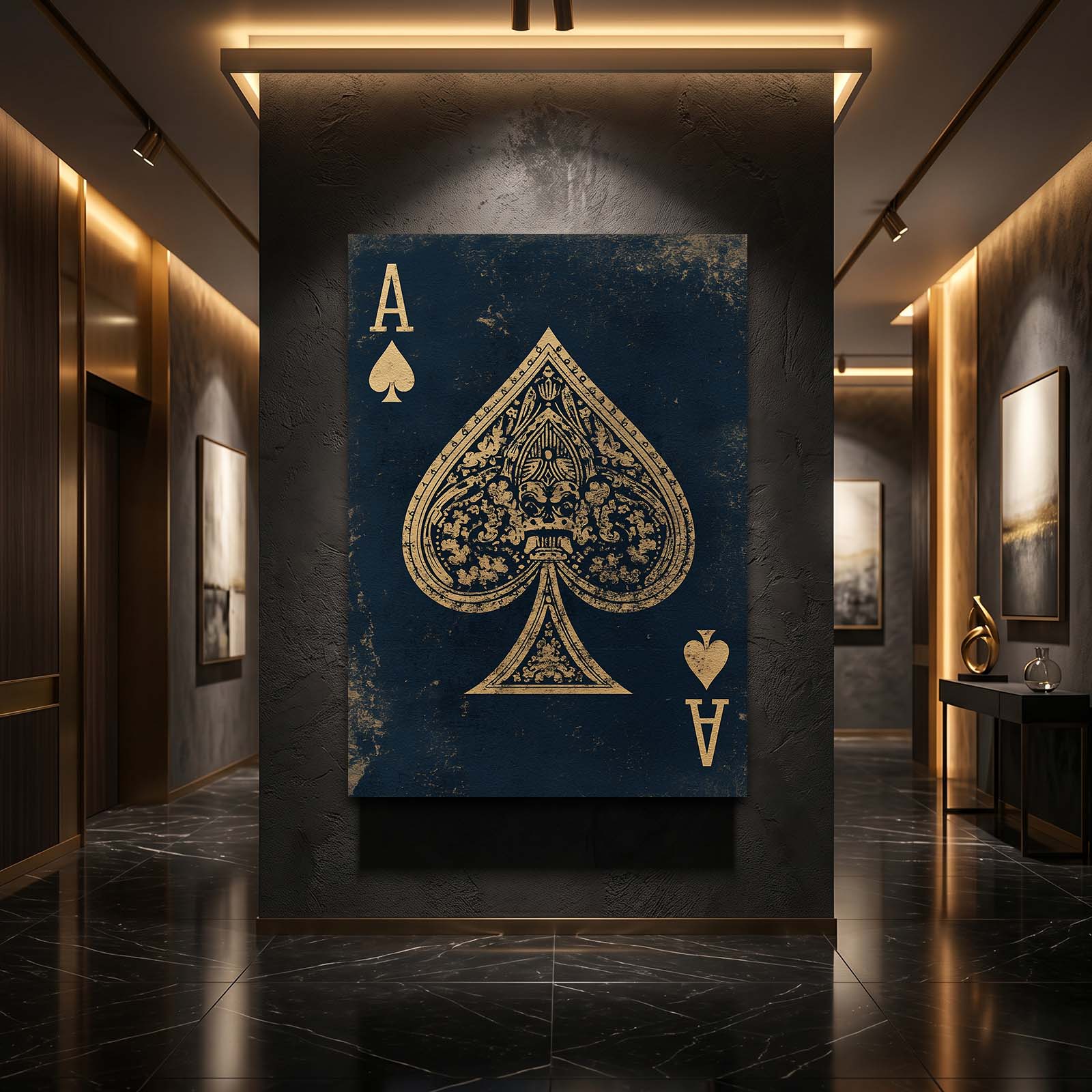Gilded Filigree Ace Playing Card Canvas Art – styled in a furnished interior