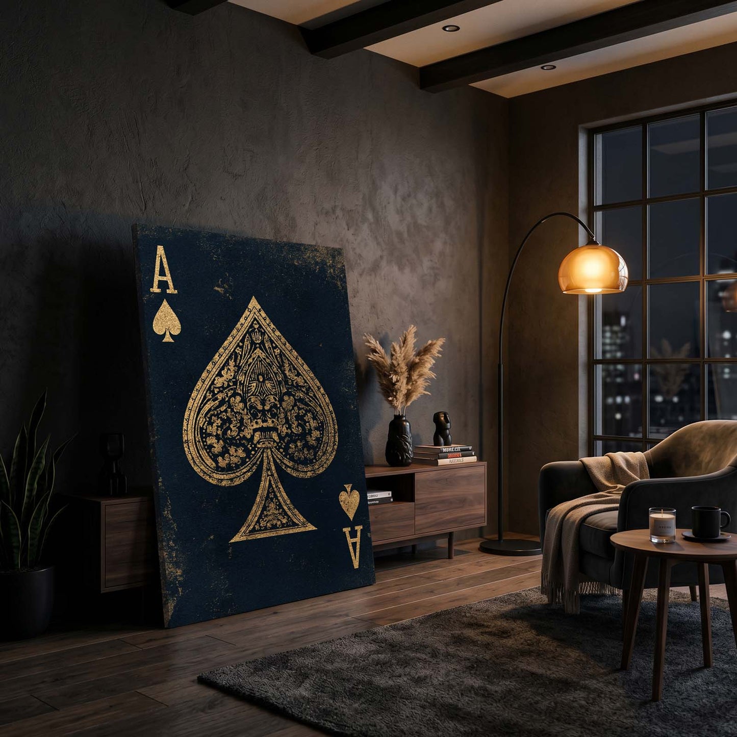 Gilded Filigree Ace Playing Card Canvas Art – styled in a furnished interior