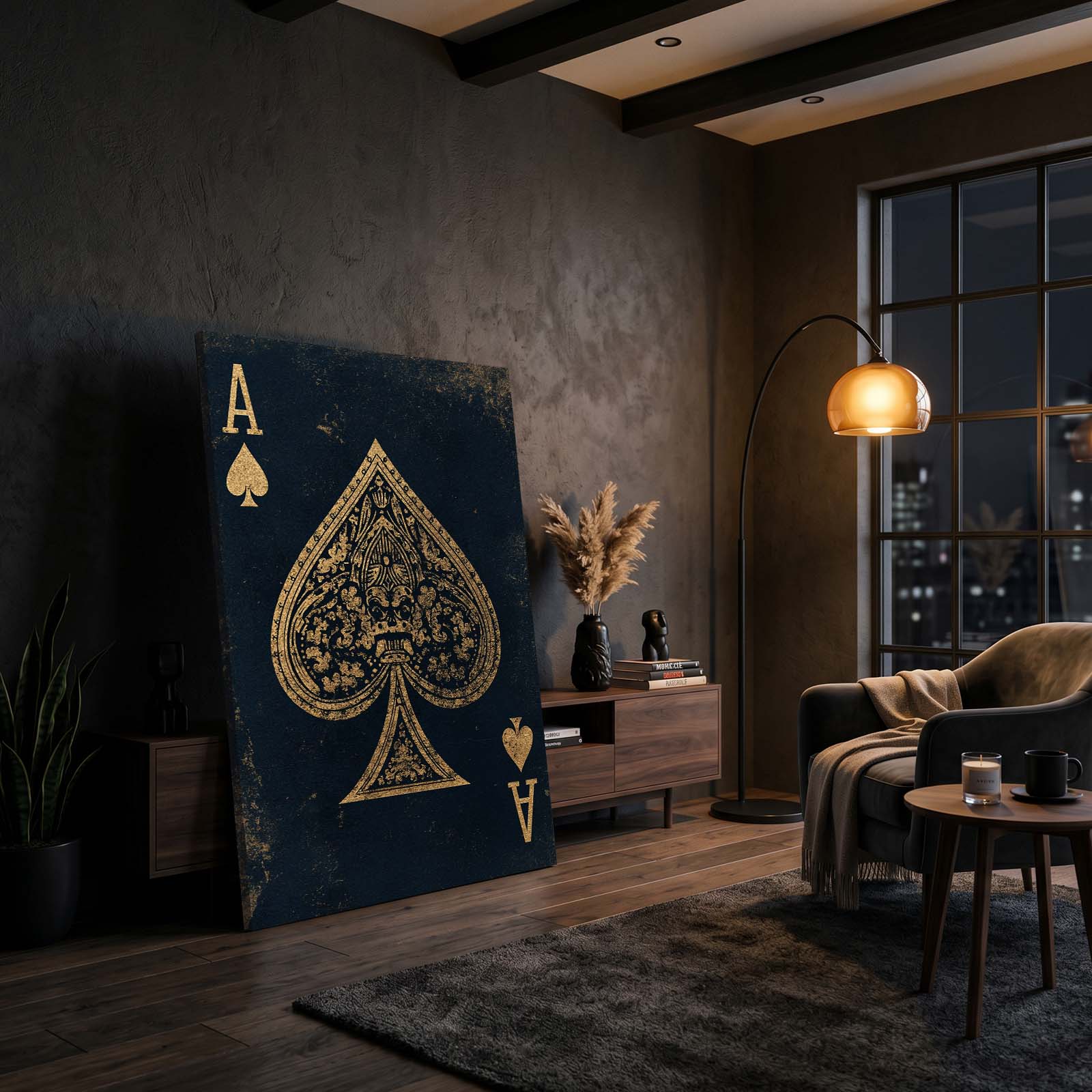 Gilded Filigree Ace Playing Card Canvas Art – styled in a furnished interior