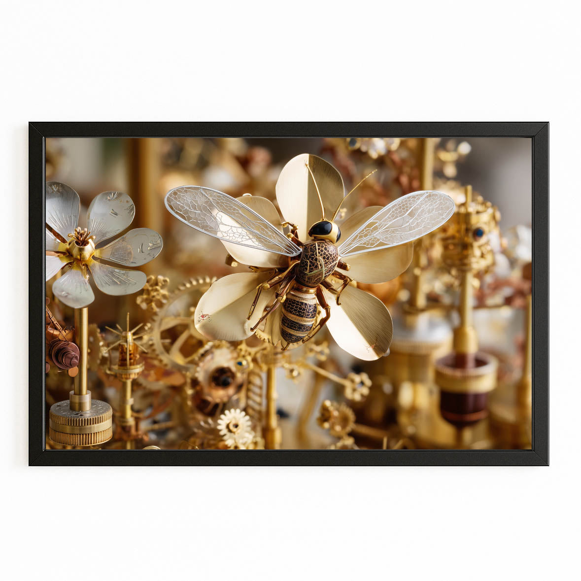 Gilded Gear Dragonfly Steampunk Wall Art – with Premium Black frame on white background