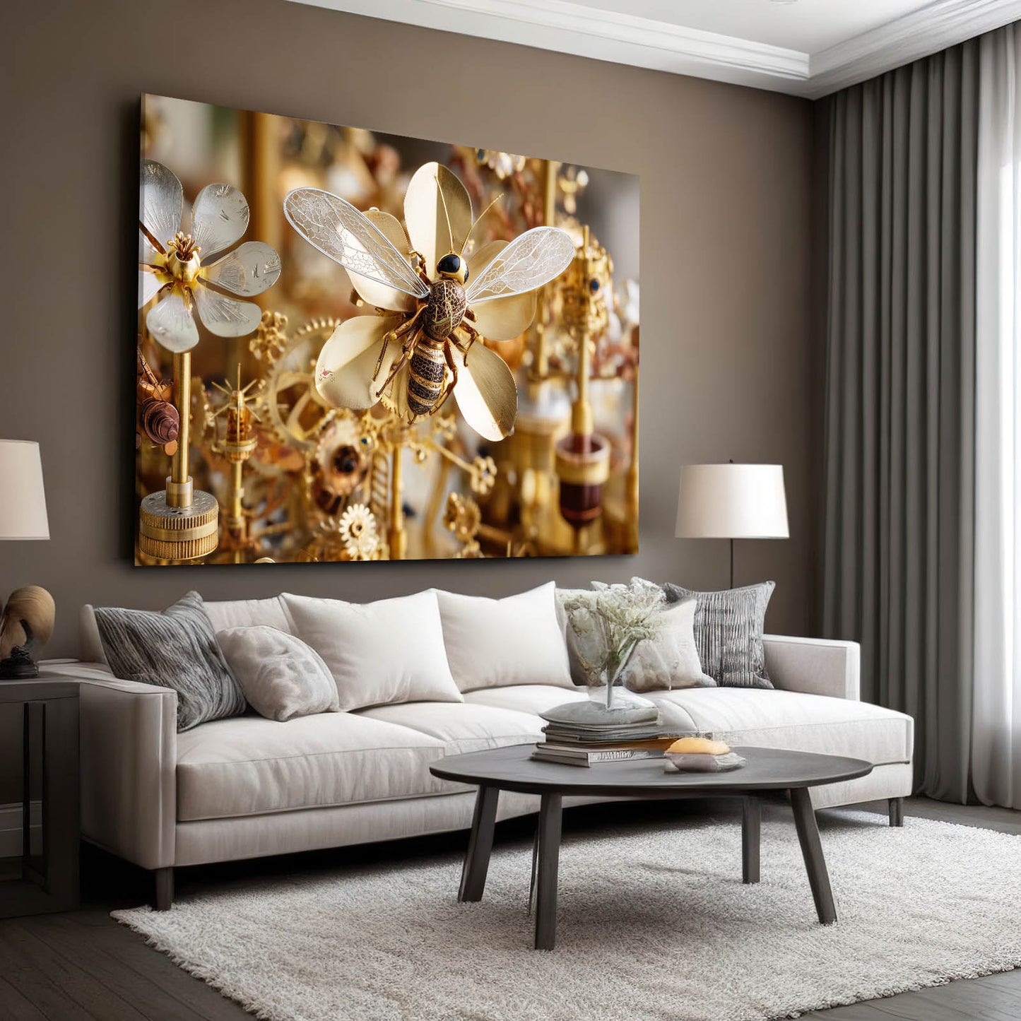 Gilded Gear Dragonfly Steampunk Wall Art – styled in a furnished interior