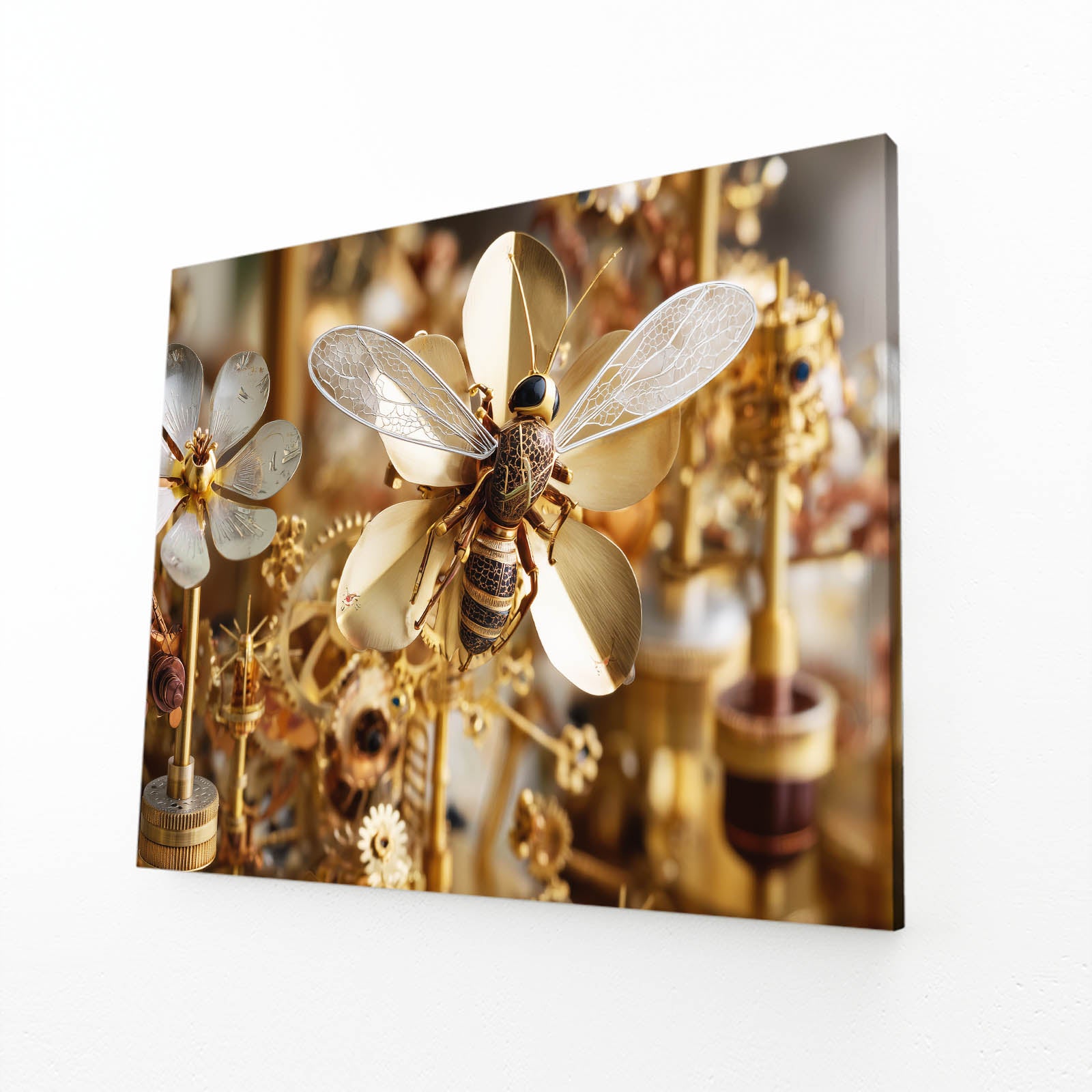Gilded Gear Dragonfly Steampunk Wall Art – angled canvas view on white background