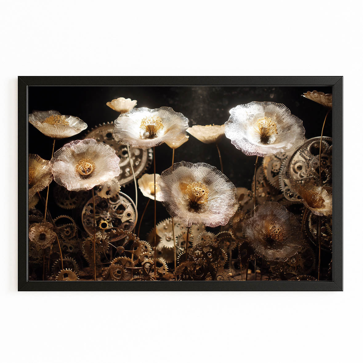 Gilded Gear Poppies Steampunk Canvas Art – with Premium Black frame on white background