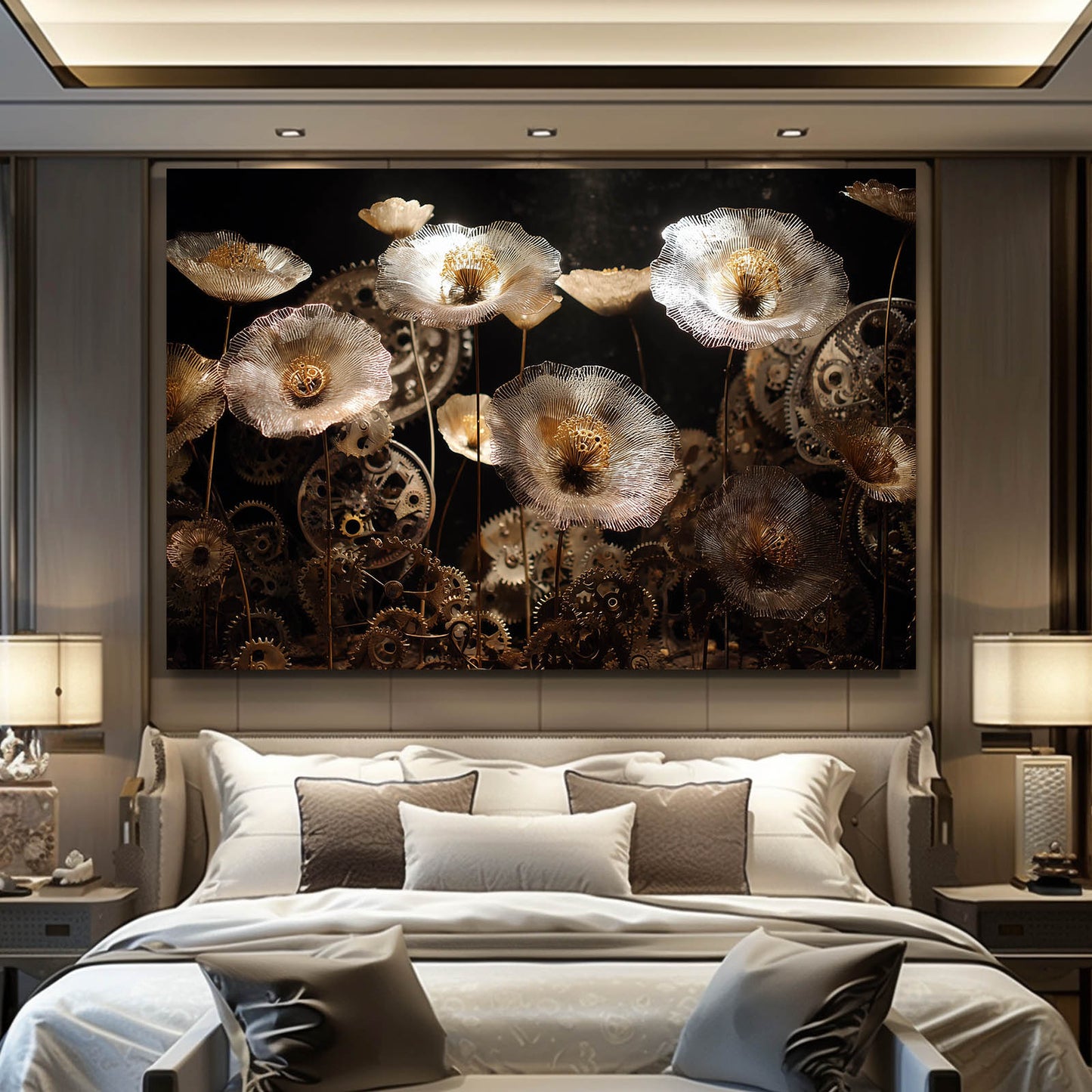 Gilded Gear Poppies Steampunk Canvas Art – styled in a furnished interior