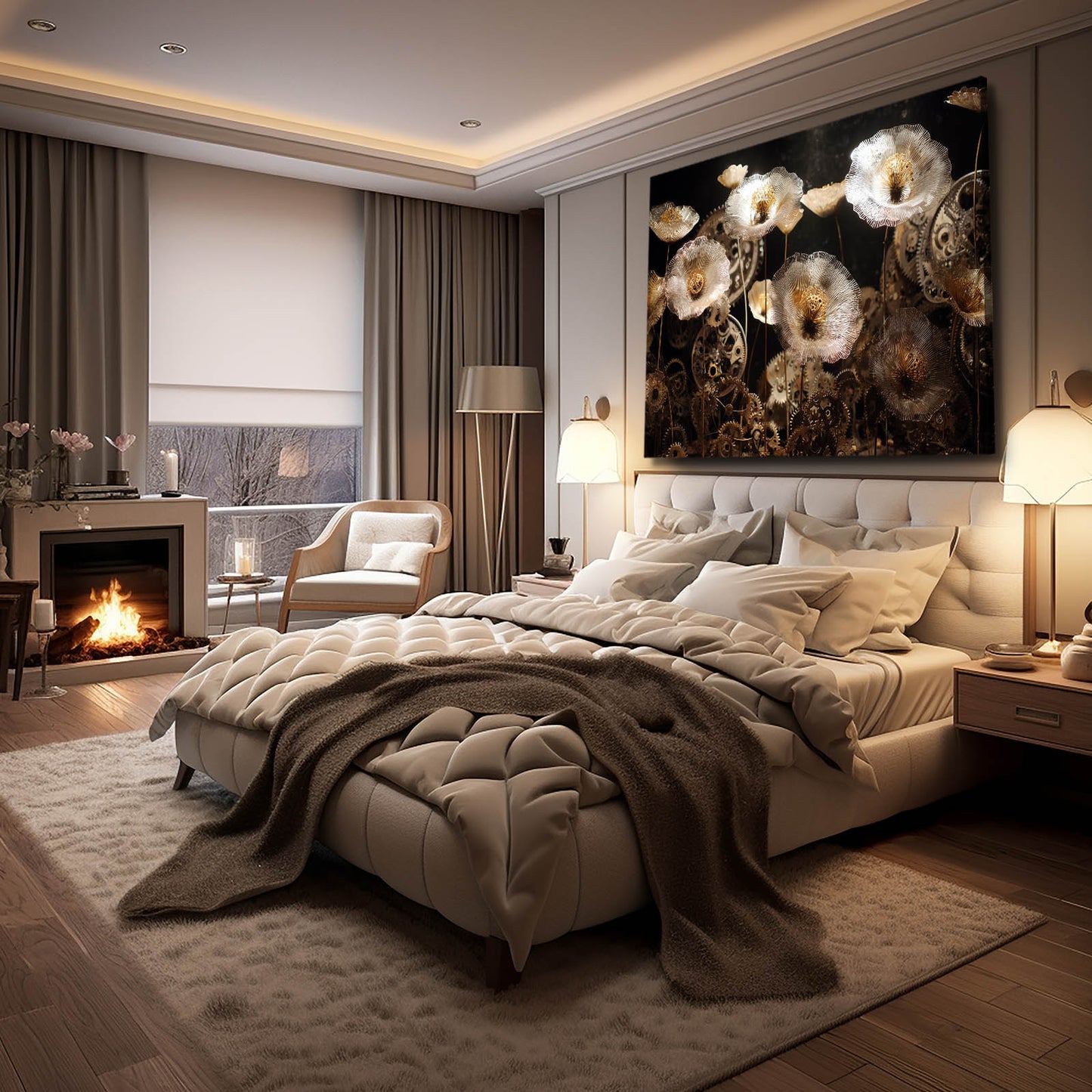 Gilded Gear Poppies Steampunk Canvas Art – styled in a furnished interior