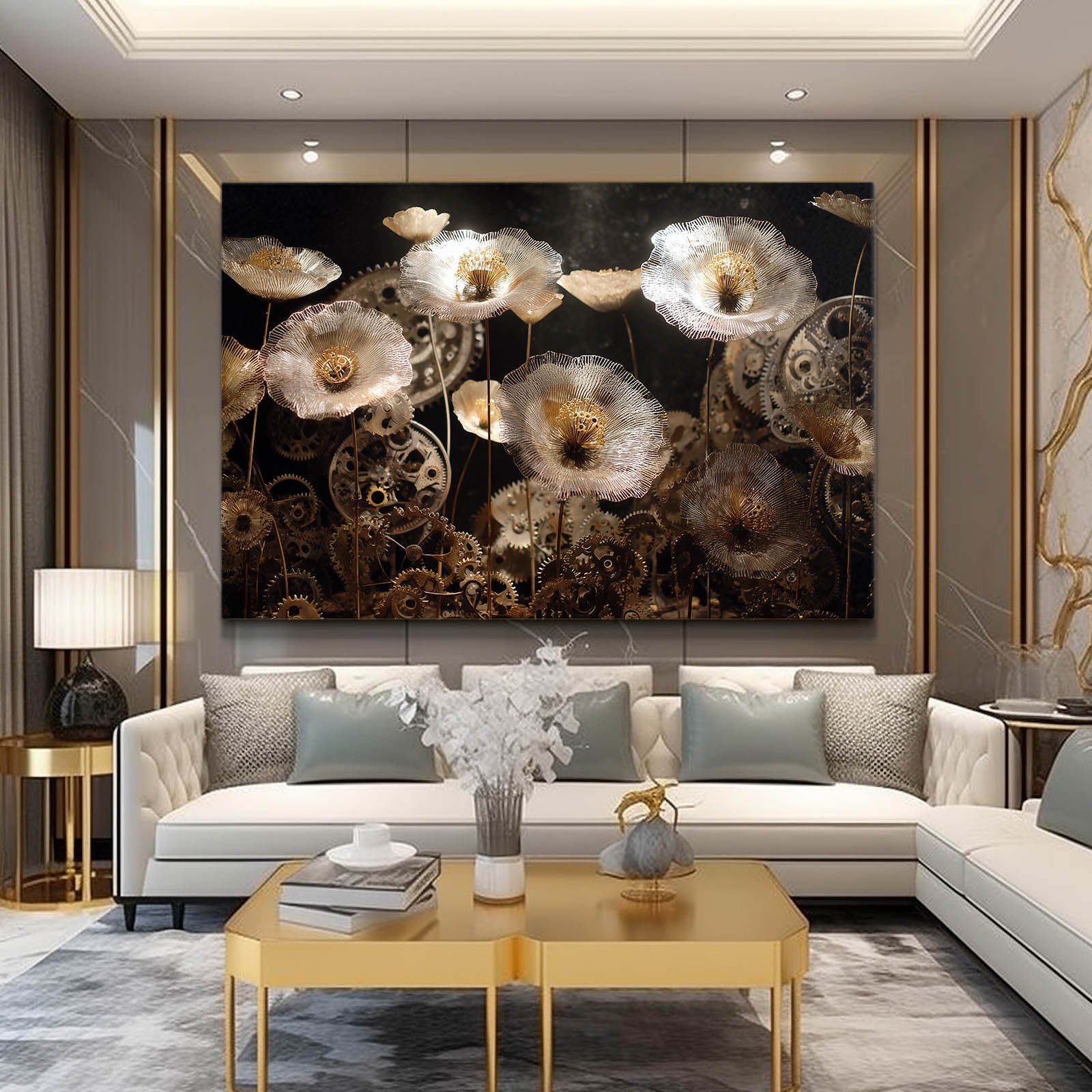 Gilded Gear Poppies Steampunk Canvas Art – styled in a furnished interior