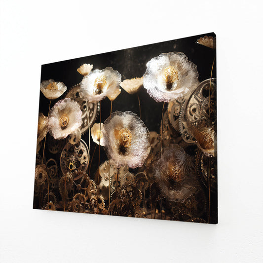 Gilded Gear Poppies Steampunk Canvas Art – angled canvas view on white background