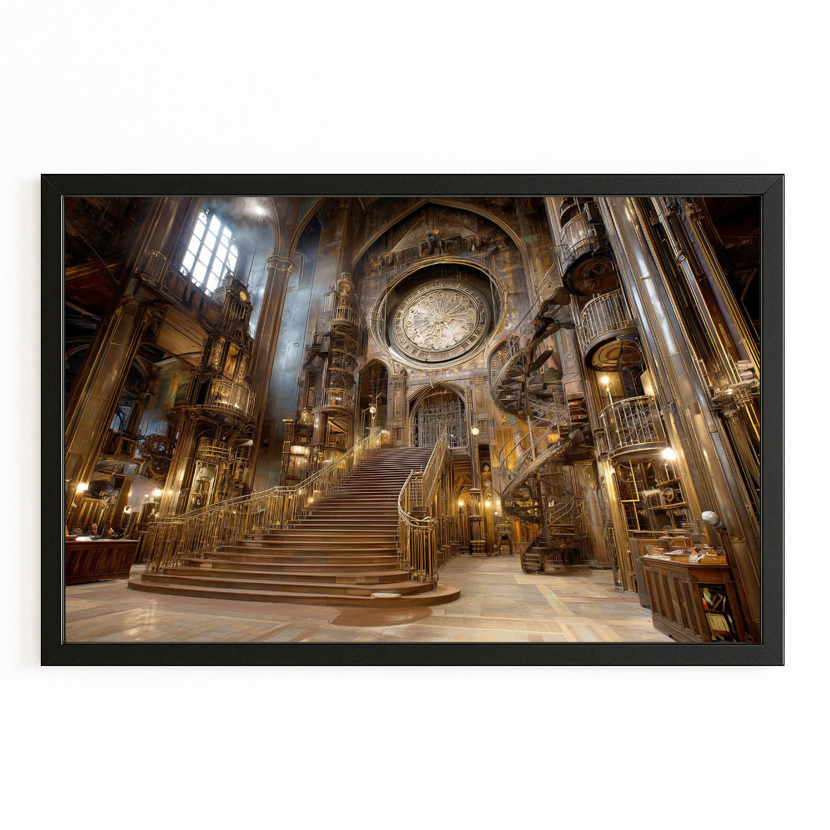 Gilded Grand Staircase Steampunk Wall Decor – with Premium Black frame on white background