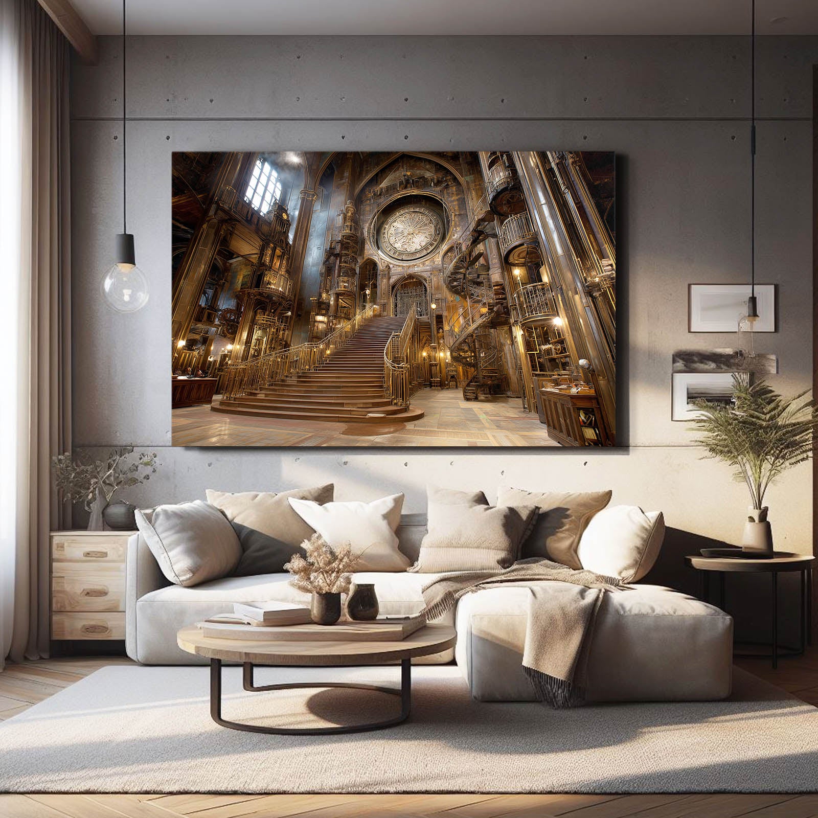 Gilded Grand Staircase Steampunk Wall Decor – styled in a furnished interior