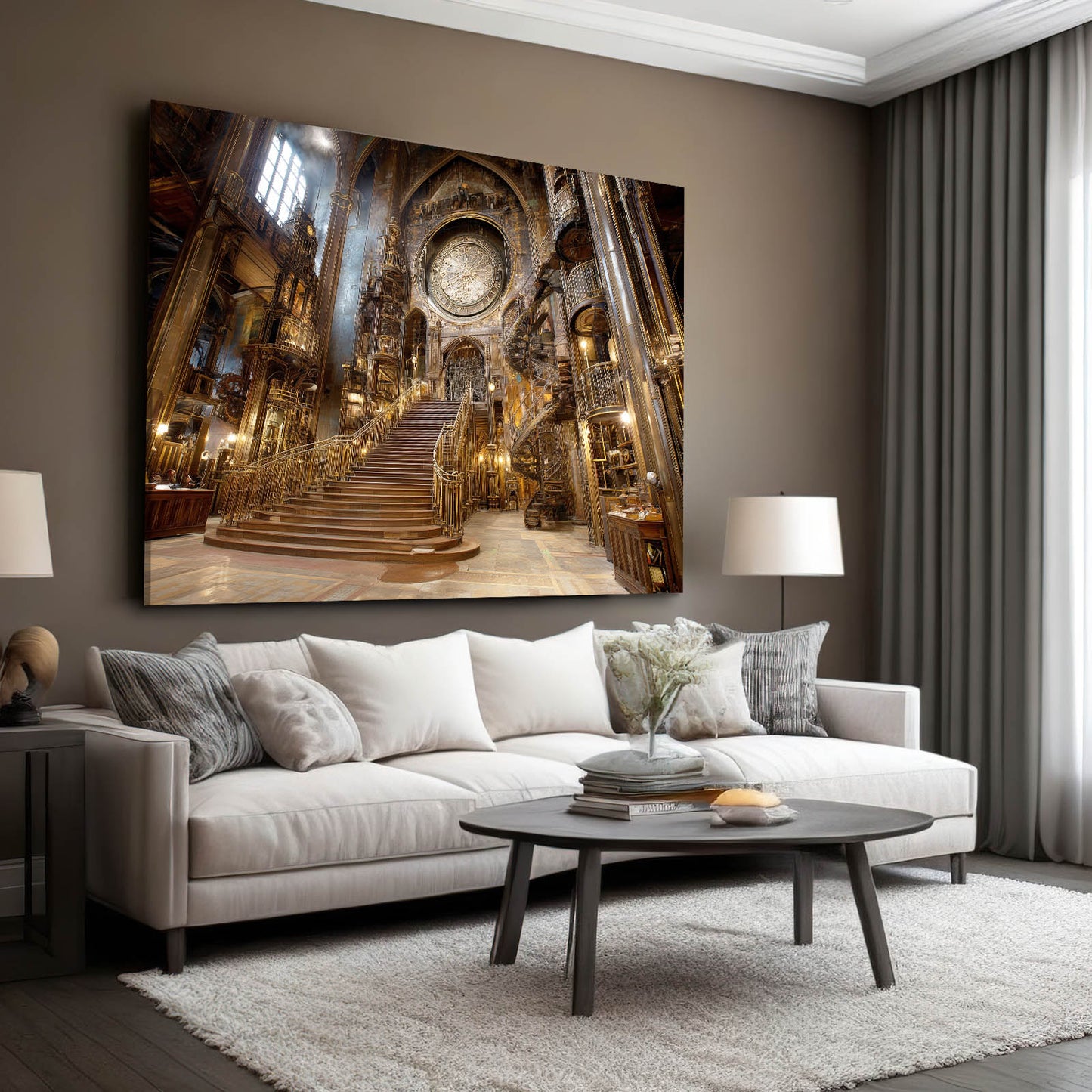 Gilded Grand Staircase Steampunk Wall Decor – styled in a furnished interior