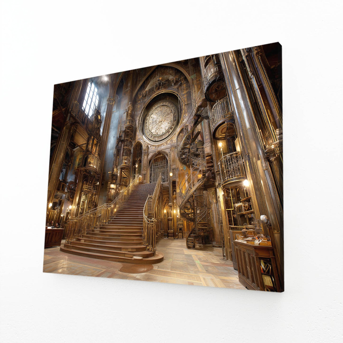 Gilded Grand Staircase Steampunk Wall Decor – angled canvas view on white background