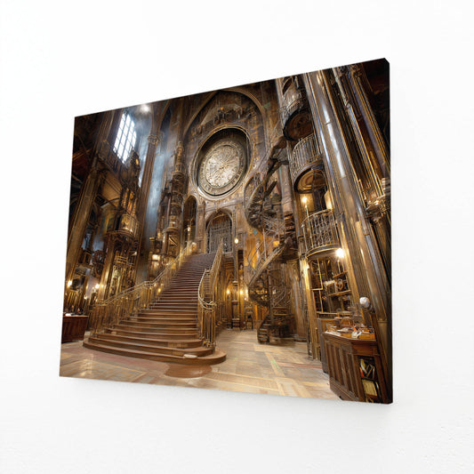 Gilded Grand Staircase Steampunk Wall Decor – angled canvas view on white background
