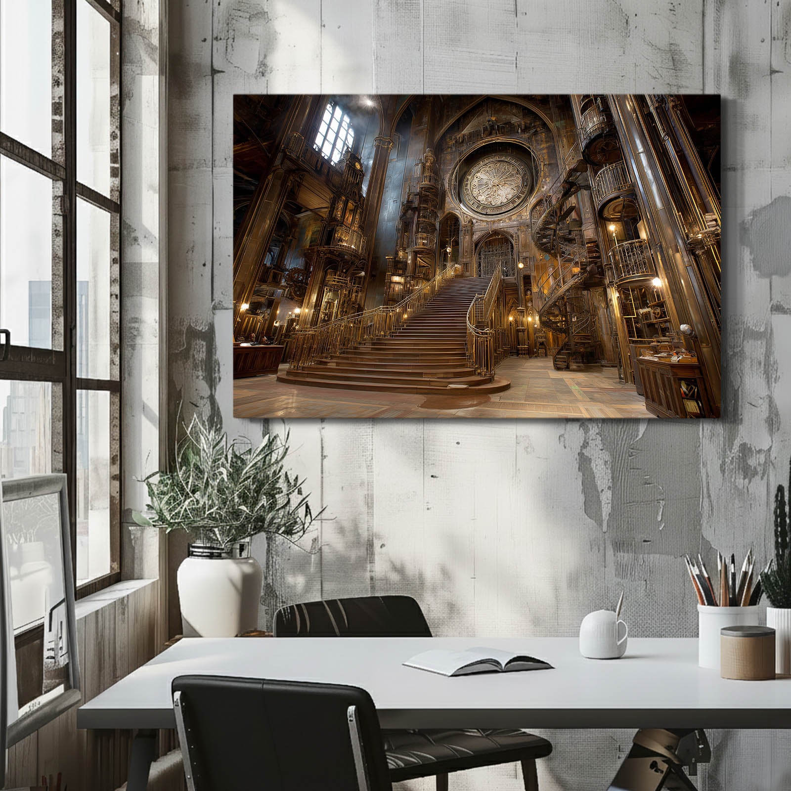 Gilded Grand Staircase Steampunk Wall Decor – styled in a furnished interior