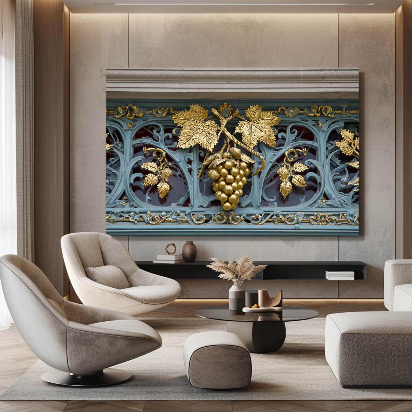 Gilded Grape Ironwork Fruit Wall Decor – styled in a furnished interior