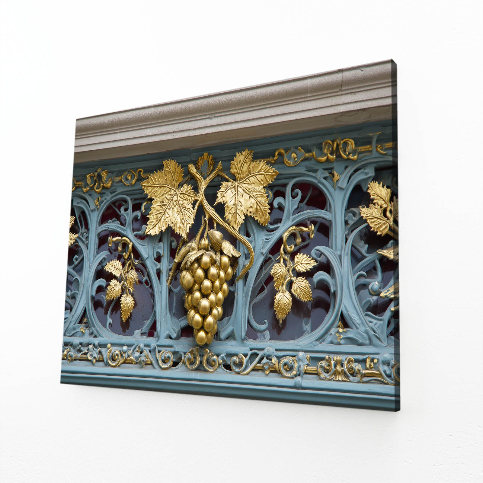 Gilded Grape Ironwork Fruit Wall Decor – angled canvas view on white background