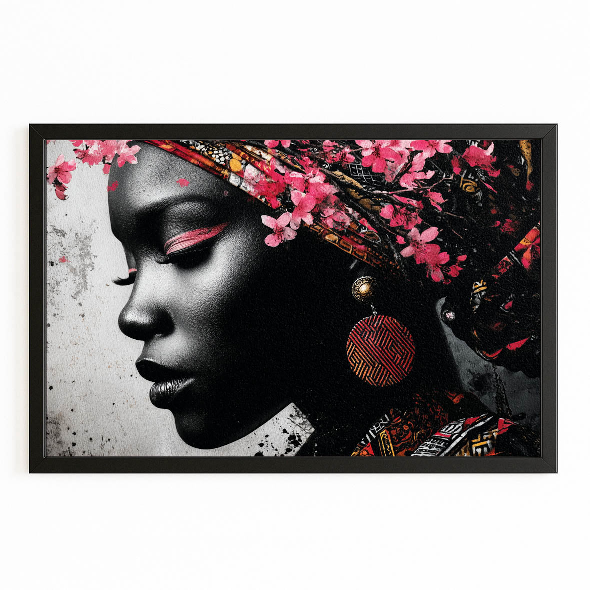 Gilded Headwrap Portrait Cherry Blossom Canvas Art – with Premium Black frame on white background